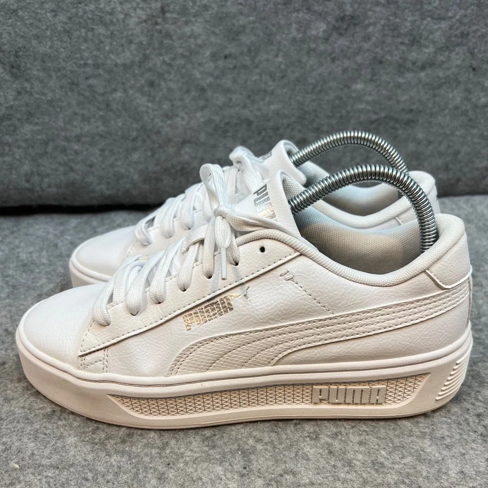 Puma White Leather Platform Sneakers Casual‎ Lace Up Shoes Classic Women's 8.5